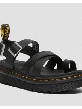 Dr. Martens Black Leather Strappy Platform Sandal with Yellow Stitching